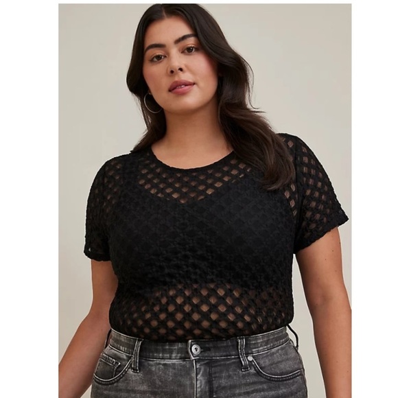 torrid Tops - TORRID NWT SHEER GEOMETRICAL CREW NECK TEE - MESH BLACK